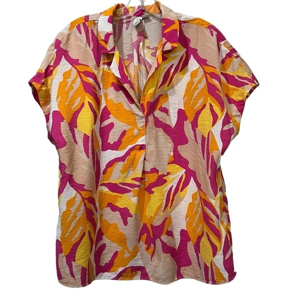 Joie Large Bold Abstract Cap Sleeve Split V Neck Blouse P1 - Picture 1 of 4